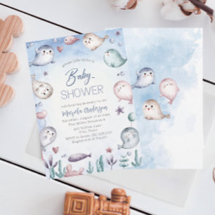 Convite Chá de Bebê Elegante Bebe Foca Aquarela