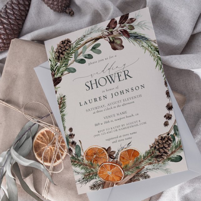 Convite Chá de Bebê Elegante Boho com Folhagens e Citrino  (Set the tone for an amazing winter bridal shower with this boho citrus design easily personalized)