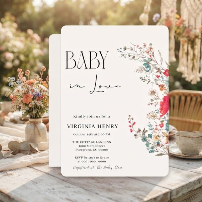Convite Chá de Bebê Elegante Boho Flor Silvestre (Criador carregado)