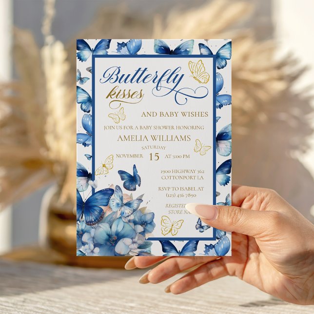 Convite Chá de Bebê Elegante Borboleta Azul Dourada (Criador carregado)