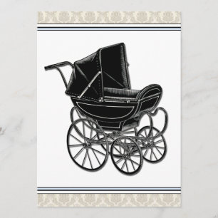Convite Chá de Bebê Elegante Carruagem Vintage Bege Damasc