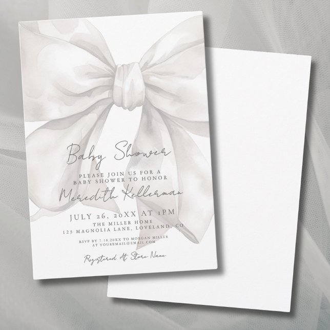 Convite Chá de Bebê Elegante com Arco Branco em Aquarela (Elegant Watercolor White Bow Baby Shower Invitation)