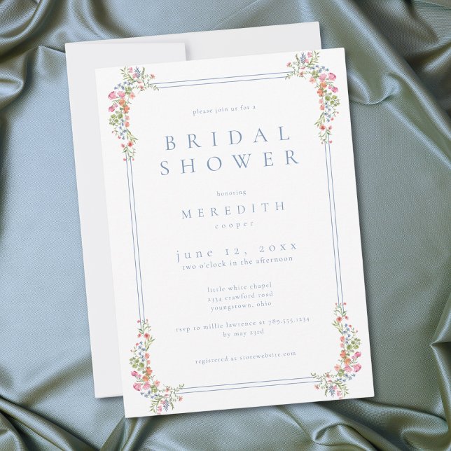 Convite Chá de Bebê Elegante com Crista de Flor Silvestre  (Elegant Blue Pastel Wildflower Crest Bridal Shower Invitation)