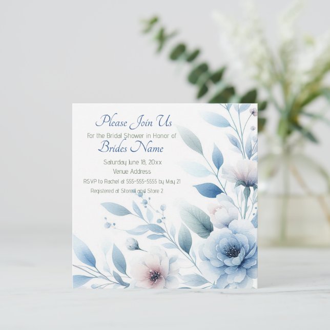 Convite Chá de Bebê Elegante com Flores Azuis (Em pé/Frente)