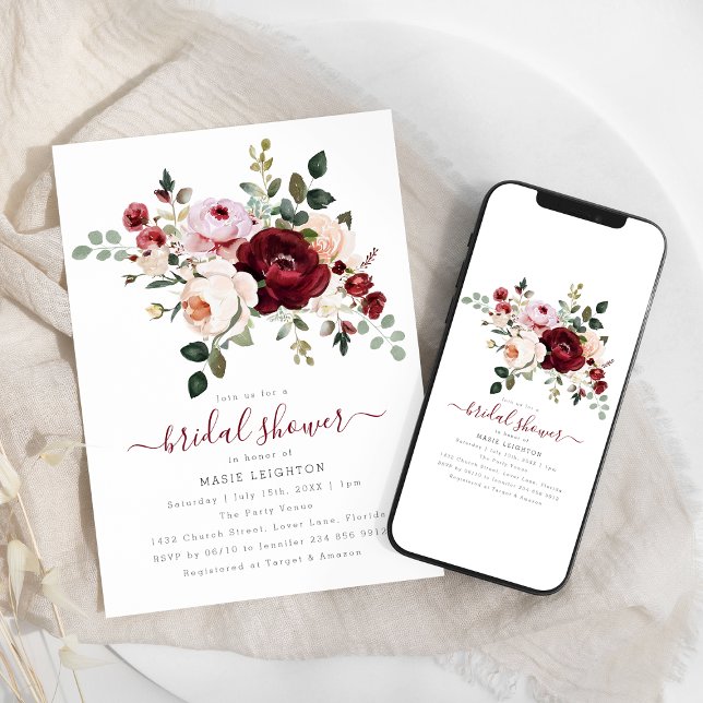 Convite Chá de Bebê Elegante com Flores Vermelhas (Criador carregado)