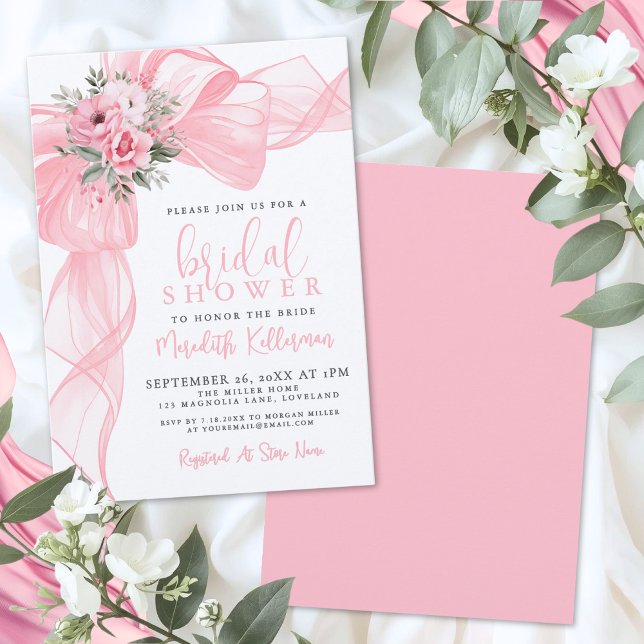 Convite Chá de Bebê Elegante com Laço Rosa (Elegant Pink Bow Bridal Shower Invitation)
