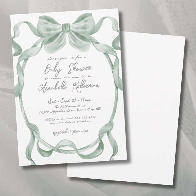 Convite Chá de Bebê Elegante com Laço Verde Sábio (Elegant Sage Green Bow Baby Shower Invitation)