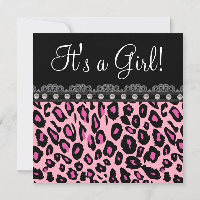 Convite Chá de Bebê Elegante com Leopardo Rosa Quente (Frente)