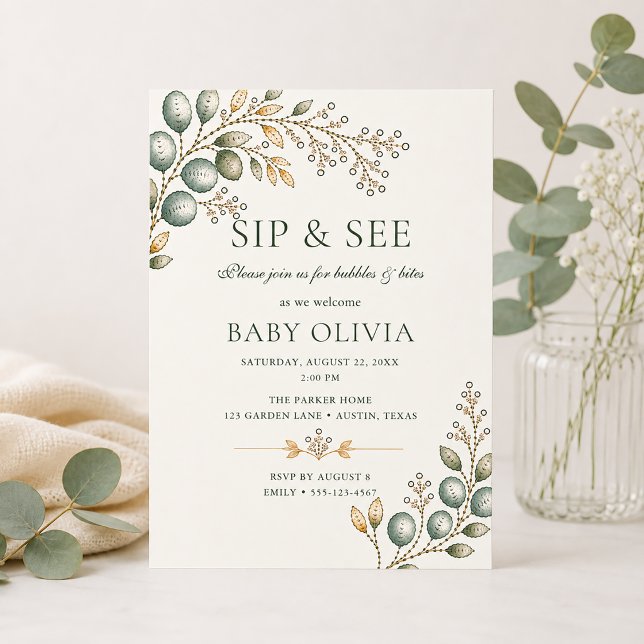 Convite Chá de Bebê Elegante com Verde de Eucalipto Sip &  (Criador carregado)