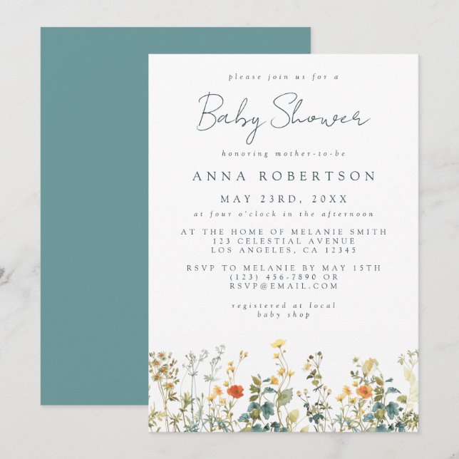 Convite Chá de Bebê Elegante das Flores Silvestres (Frente/Verso)