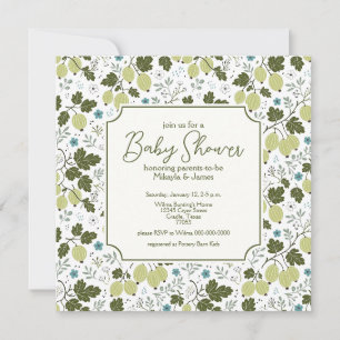 Convite Chá de Bebê Elegante de Groselha e Flores Azuis