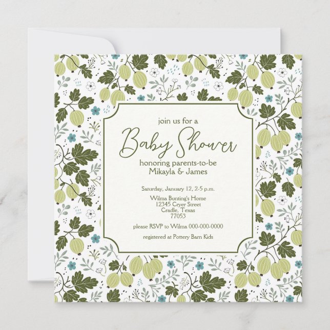 Convite Chá de Bebê Elegante de Groselha e Flores Azuis (Frente)