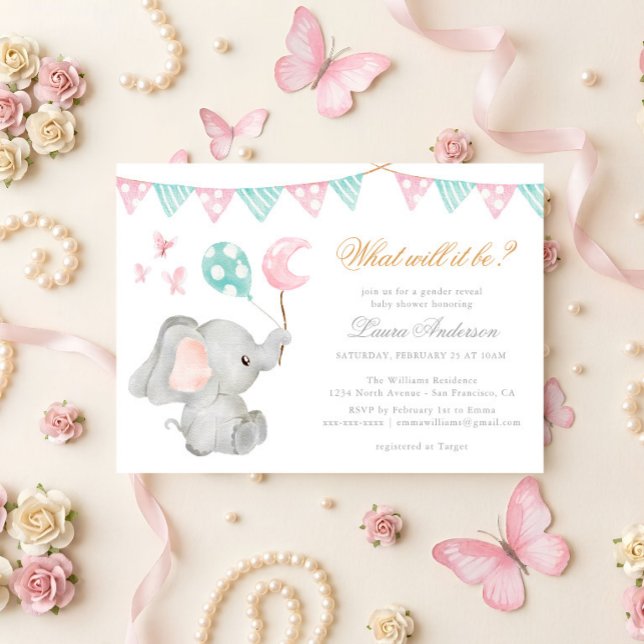 Convite Chá de Bebê Elegante Elefante Revelação de Gênero (Criador carregado)