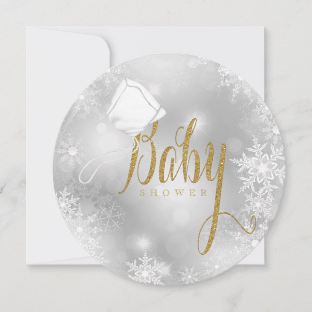 Convite Chá de Bebê Elegante em Branco e Dourado com Floco (Frente)