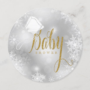 Convite Chá de Bebê Elegante em Branco e Dourado com Floco