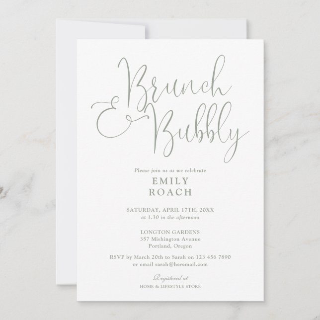 Convite Chá de Bebê Elegante em Verde Sage com Brunch e Es (Frente)