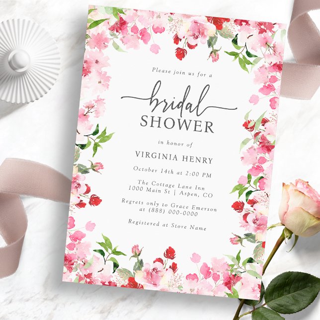 Convite Chá de Bebê Elegante em Vermelho e Rosa (Elegant Red and Pink Bridal Shower Invitation - Watercolor Red and Pink Floral)