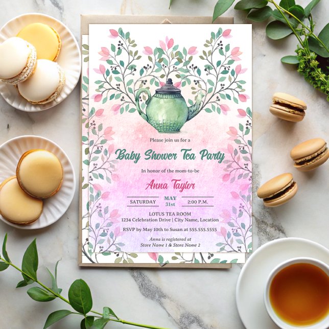 Convite Chá de Bebê Elegante Festa do Chá Bule Floral (Elegant baby shower tea party invitation with a teapot and floral design elements front and back.)