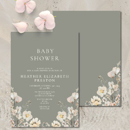 Convite Chá de Bebê Elegante Flor Silvestre Verde Salvia