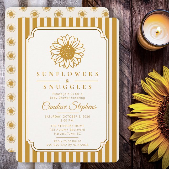 Convite Chá de Bebê Elegante Girassóis & Abraços (Elegant sunflower baby shower invitation with timeless cream and golden striped design.)
