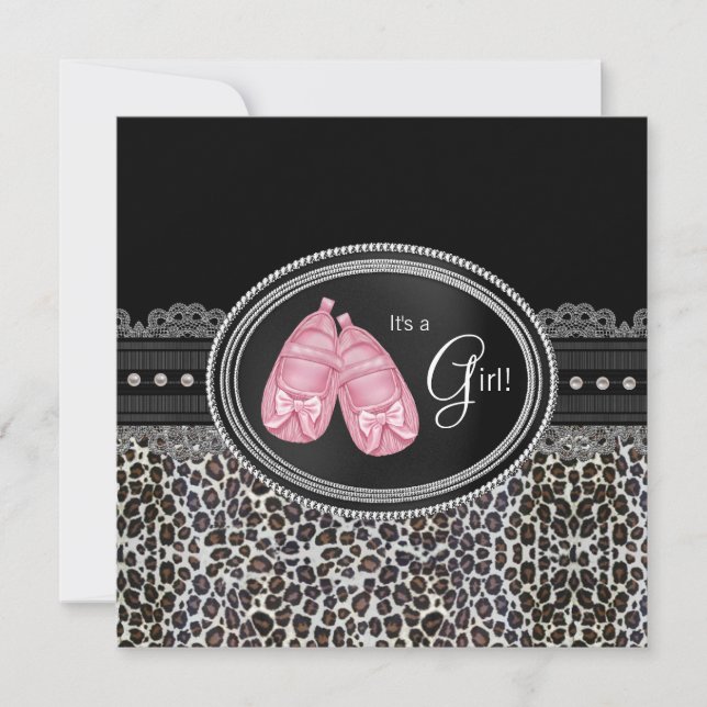 Convite Chá de Bebê Elegante Leopardo Rosa (Frente)