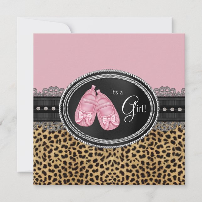 Convite Chá de Bebê Elegante Leopardo Rosa (Frente)