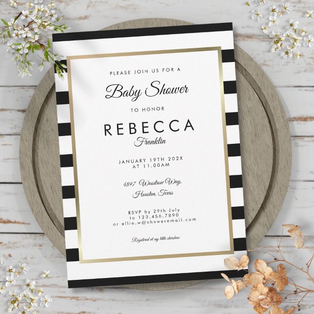 Convite Chá de Bebê Elegante Listrado de Preto e Branco (Elegant Black And White Stripe Baby Shower Invitation)