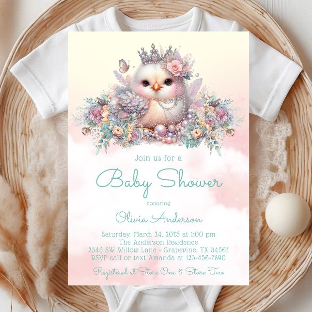 Convite Chá de Bebê Elegante Menina Franguinha Bebê (Pastel fancy chick with pearls, flowers and butterflies on a pretty pastel background.)