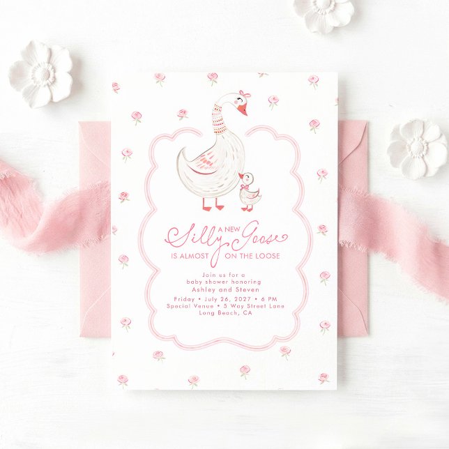 Convite Chá de Bebê Elegante Menina Rosa Silly Goose (Silly Goose Pink Cute Baby Shower Invitations)