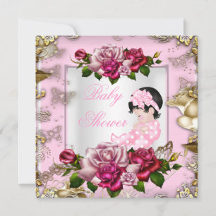 Convite Chá de Bebê Elegante Menina Rosas Rosas Branco Dou