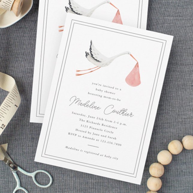 Convite Chá de Bebê Elegante Meninas Cegonha Desenhada à M (Elegant hand drawn stork girls baby shower invitations.)