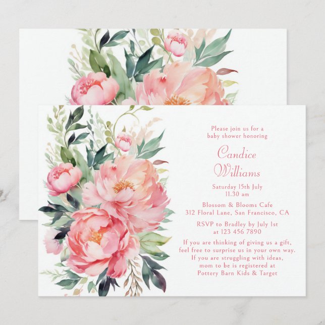 Convite Chá de Bebê Elegante Peônia em Aquarela Rosa (Frente/Verso)
