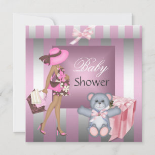 Convite Chá de Bebê Elegante Presente Listra Rosa Prata Bo