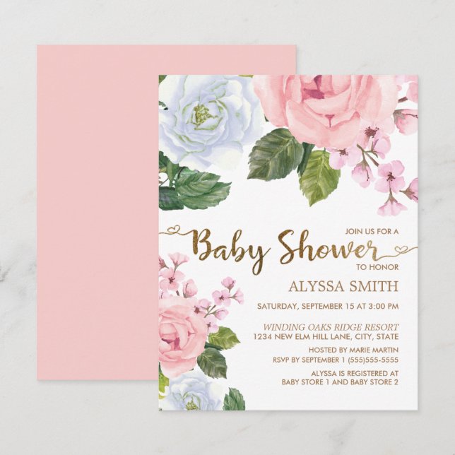 Convite Chá de Bebê Elegante Rosa Branco Rosas Florais Scr (Frente/Verso)