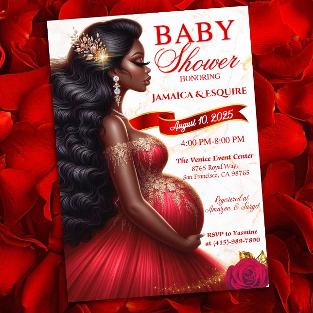 Convite Chá de Bebê Elegante Vermelho e Dourado para Mãe A (Luxurious Red & Gold Baby Shower Invitation for Expecting Queen. Ethnic Mom-to-Be)