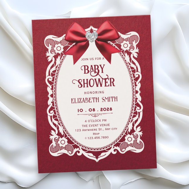 Convite Chá de bebê elegante vintage vermelho (Criador carregado)