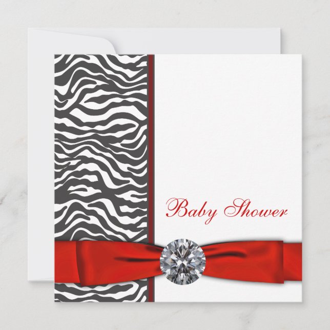 Convite Chá de Bebê Elegante Zebra Vermelha (Frente)