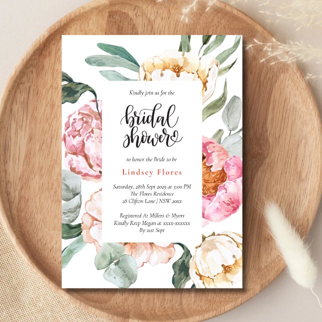 Convite Chá de Bebê em Aquarela com Flora Rosa e Verdura (Soft pink floral bridal shower invitation creates a romantic feel for your special day.)