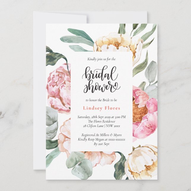 Convite Chá de Bebê em Aquarela com Flora Rosa e Verdura (Frente)
