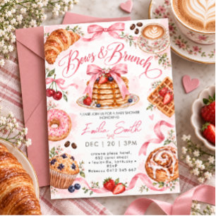 Convite Chá de Bebê em Aquarela com Laços Cor-de-Rosa e Br