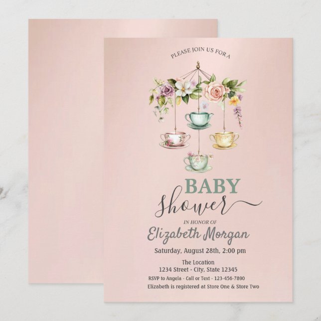 Convite Chá de Bebê em Aquarela com Xícaras Florais (Frente/Verso)