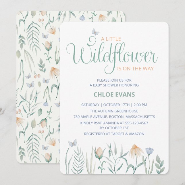 Convite Chá de Bebê em Aquarela de Flores Silvestres de Ou (Frente/Verso)