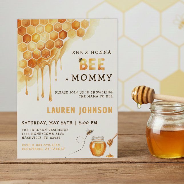 Convite Chá de Bebê em Aquarela Favo de Mel Abelha (Honey Bee Honeycomb Watercolor Baby Shower Invitation
)