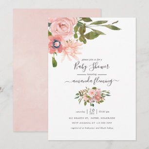 Convite Chá de Bebê em Aquarela Floral Bege e Dourado Rosa