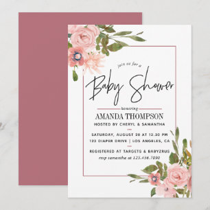 Convite Chá de Bebê em Aquarela Floral Bege e Dourado Rosa