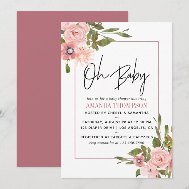 Convite Chá de Bebê em Aquarela floral Beije e Dourado Ros (Frente/Verso)