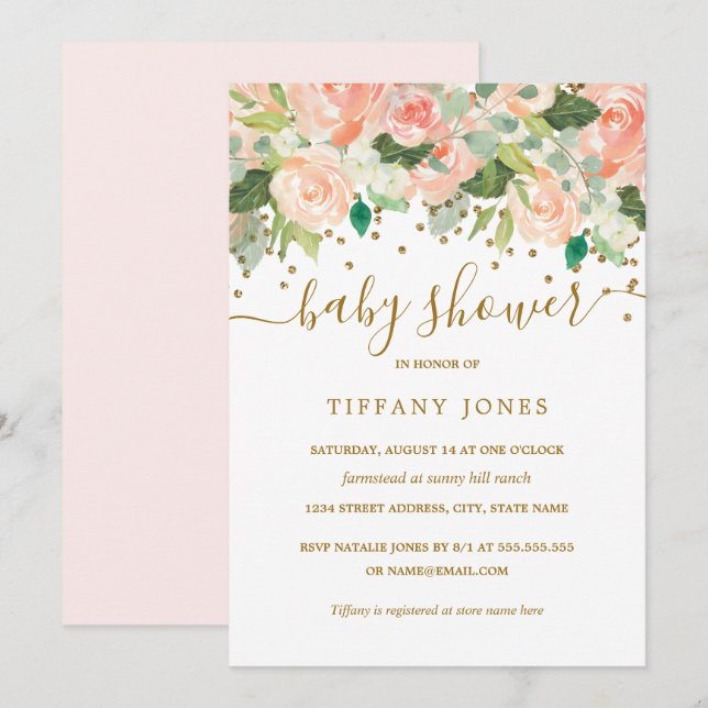 Convite Chá de Bebê em Aquarela Floral Rosa Dourado (Frente/Verso)