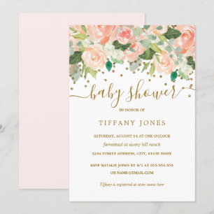 Convite Chá de Bebê em Aquarela Floral Rosa Dourado