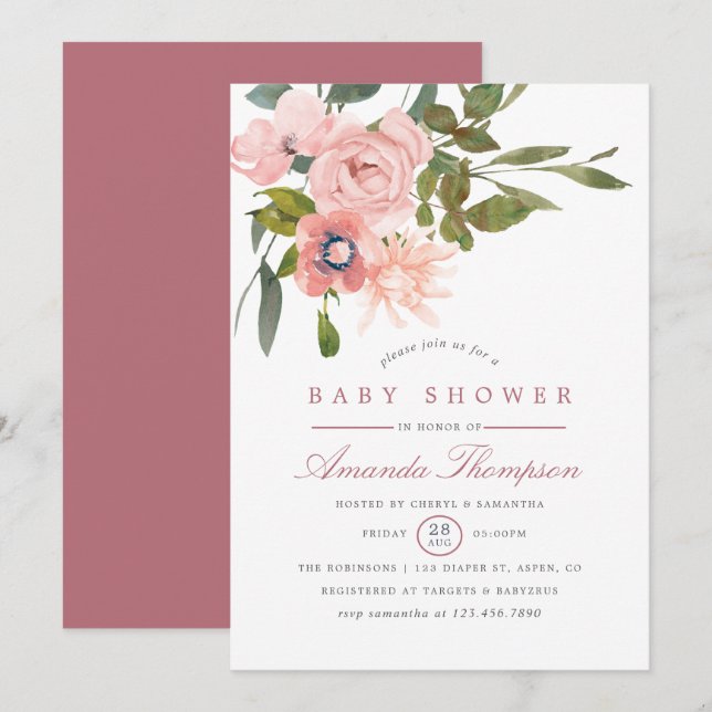 Convite Chá de bebê em aquarela floral rosa e dourado (Frente/Verso)