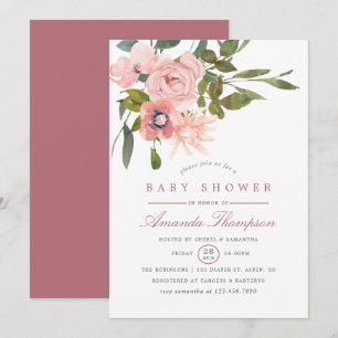 Convite Chá de bebê em aquarela floral rosa e dourado